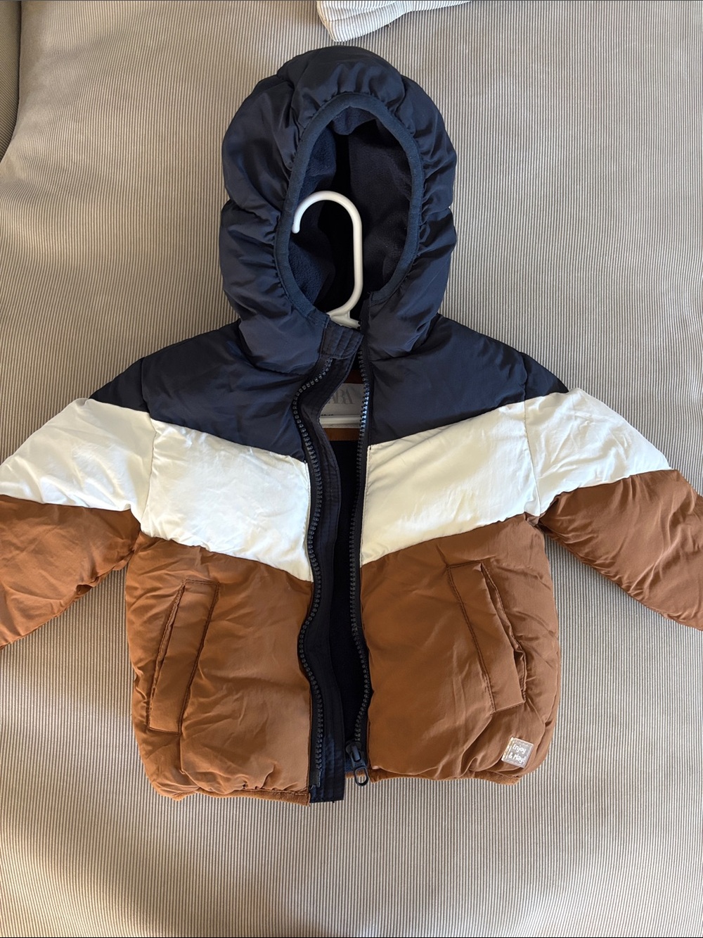Zara Kids Colorblock Puffer Jacket - Navy, White & Brown